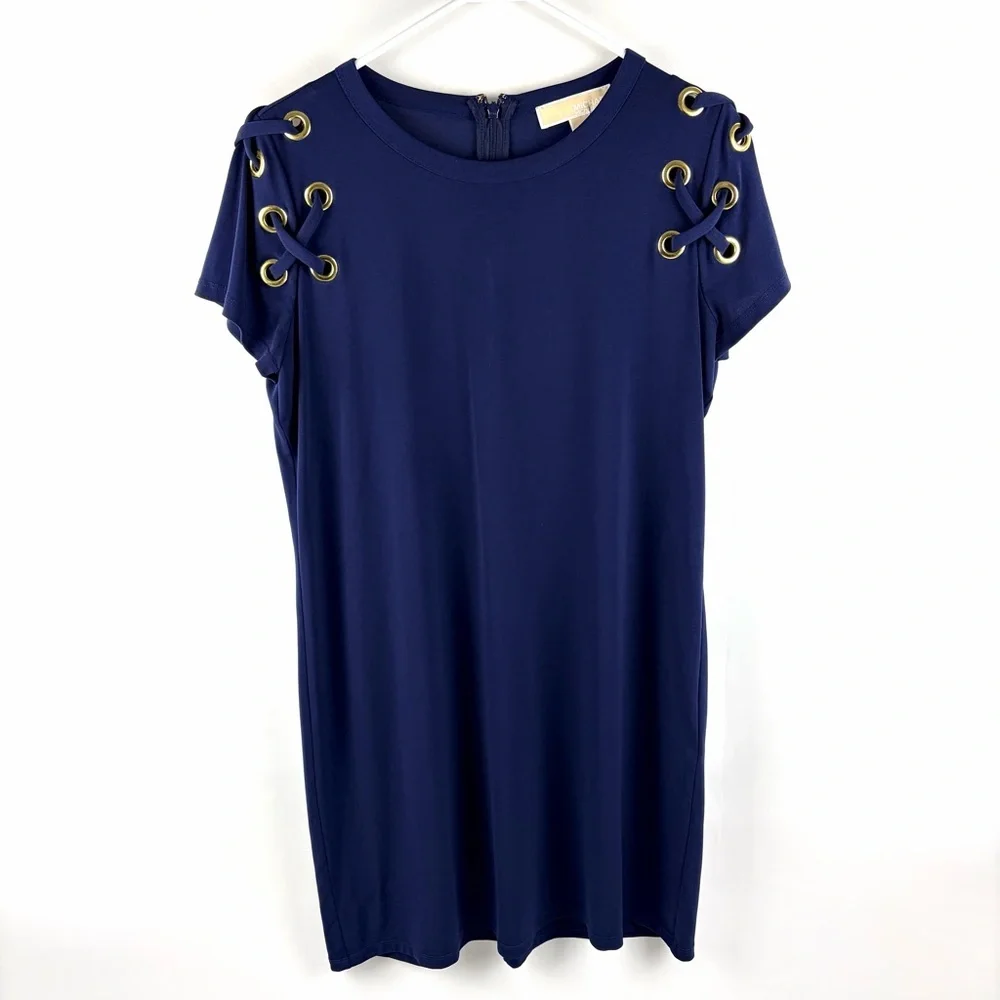 Michael Kors Navy Grommet Lace Up Shoulder Shift Dress Medium Gold